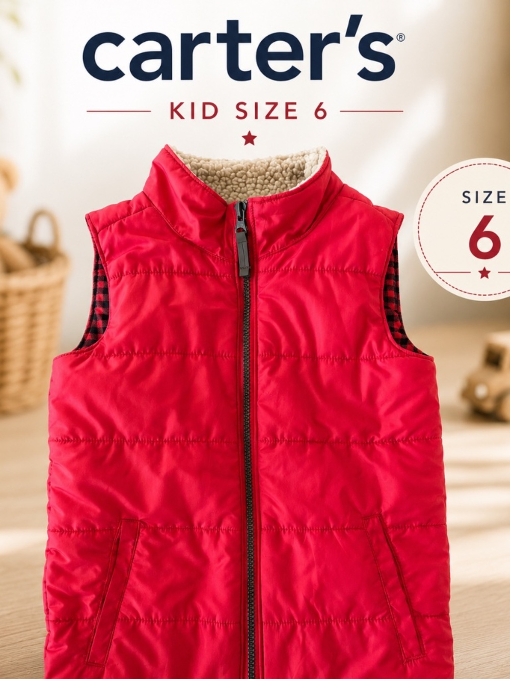 Carter’s Kids Red Puffer Vest Size 6 Sherpa Lined Plaid